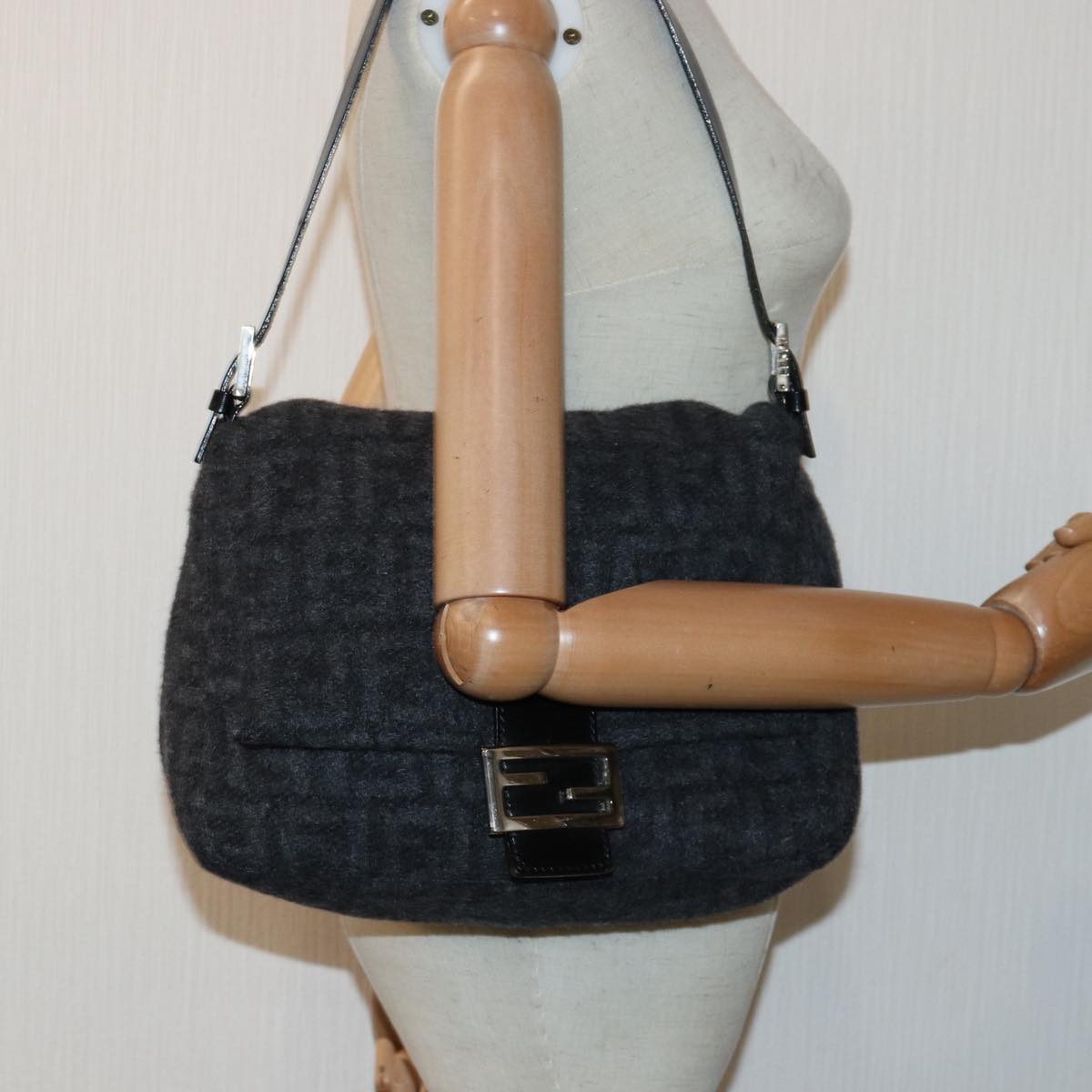 FENDI Zucca Canvas Mamma Baguette Shoulder Bag Wool Black yk13747