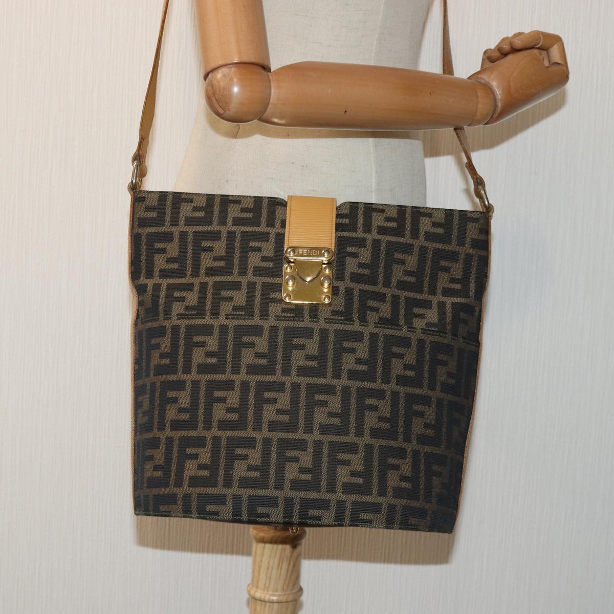 FENDI Zucca Canvas Shoulder Bag Gold Black Brown yk14581