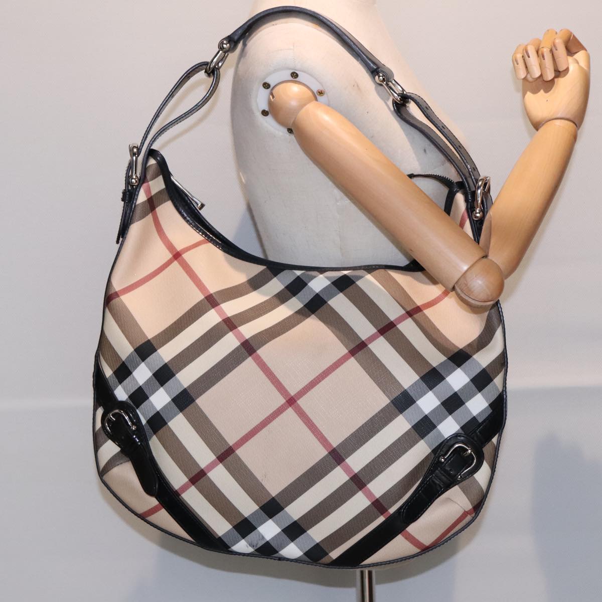 BURBERRY Nova Check Shoulder Bag PVC Beige Silver yk14989