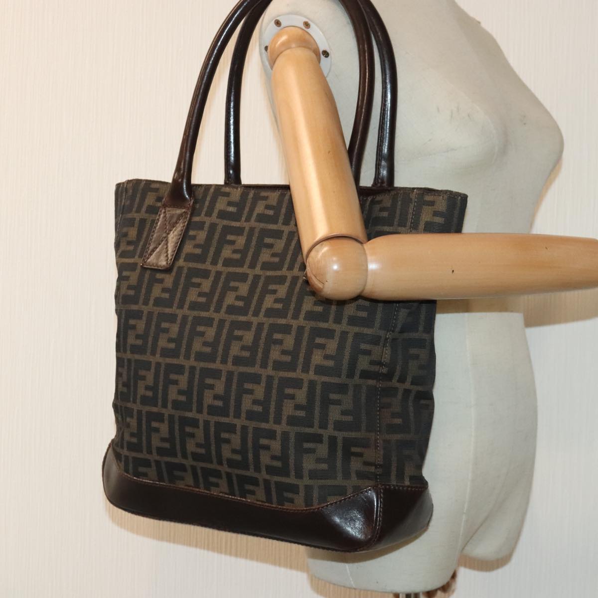 FENDI Zucca Canvas Tote Bag Brown Black gold yk15177