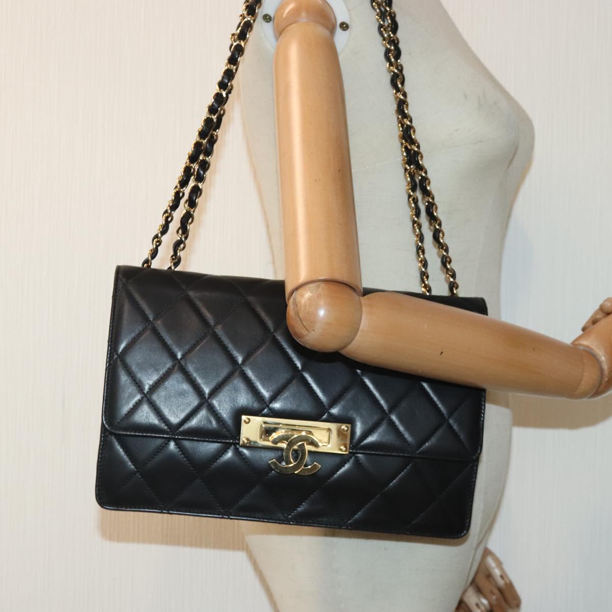 CHANEL Matelasse COCO Mark Chain Bag Lamb Skin Black Gold CC yk15214A