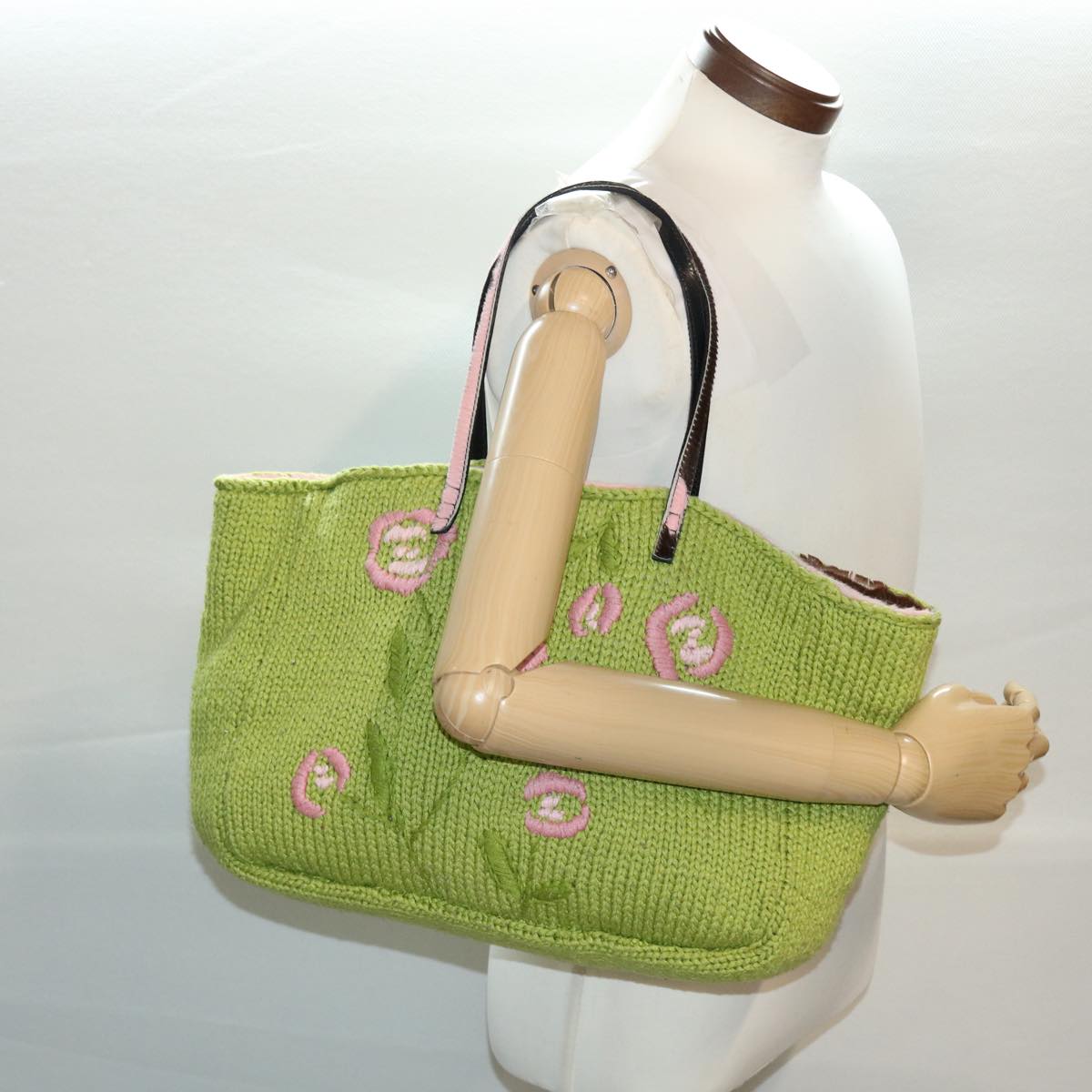 FENDI Floral Tote Bag Wool Harako Leather Green Pink yk6518