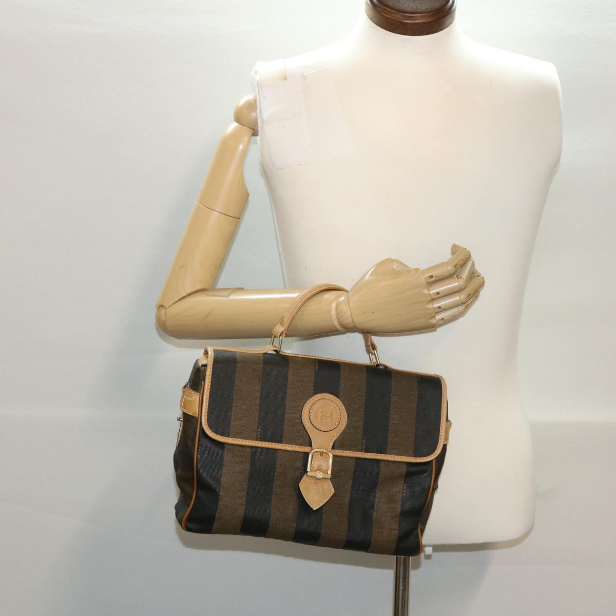 FENDI Pecan Canvas Hand Bag Black Brown yk7457