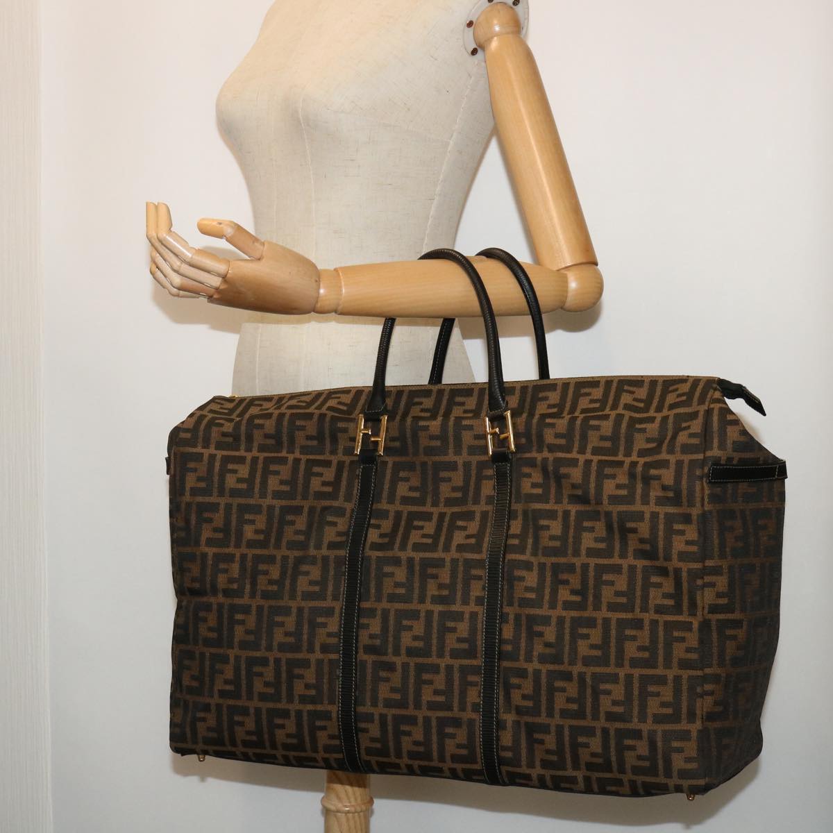 FENDI Zucca Canvas Boston Bag Brown Black yk8493