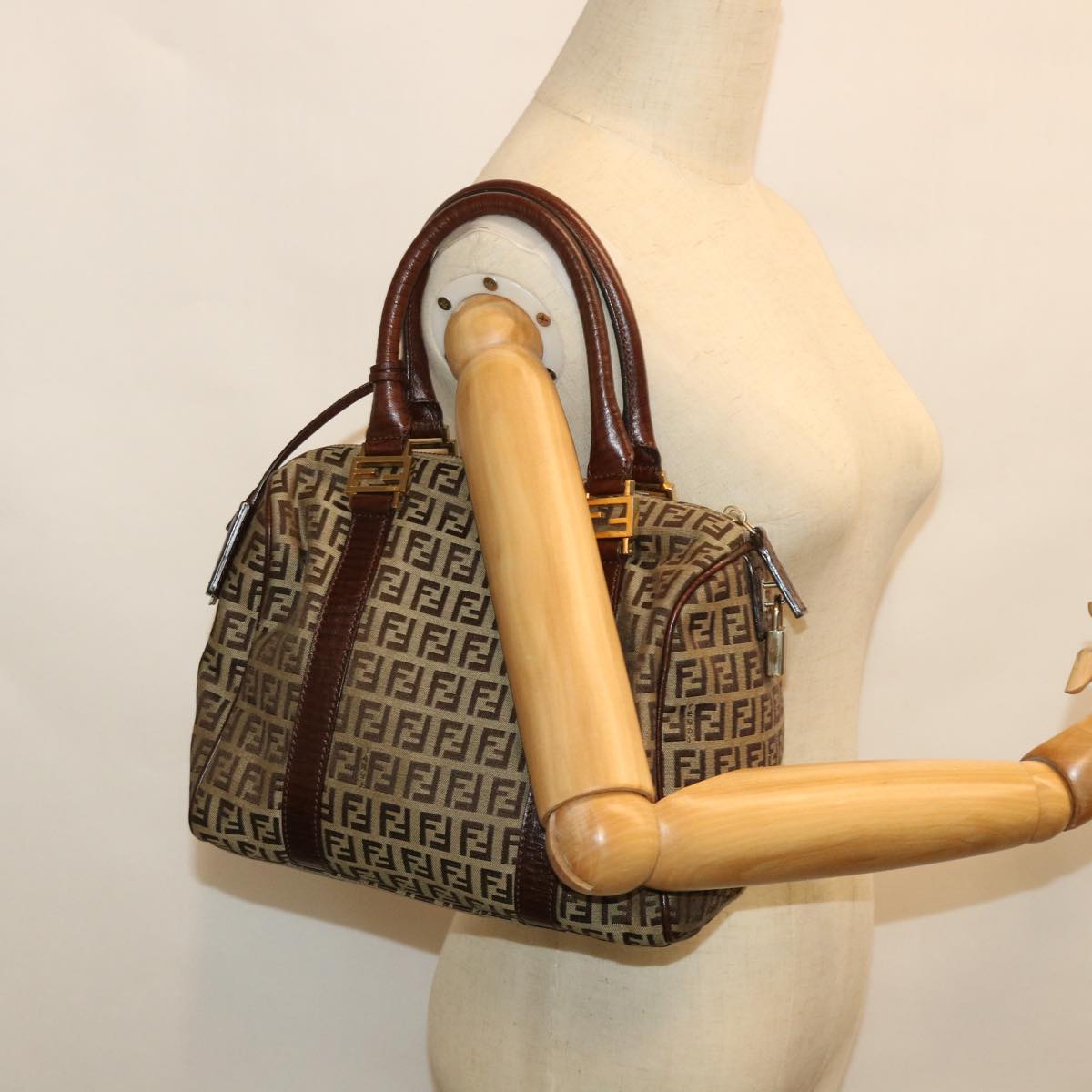 FENDI Zucchino Canvas Boston Bag Leather Beige yk8979