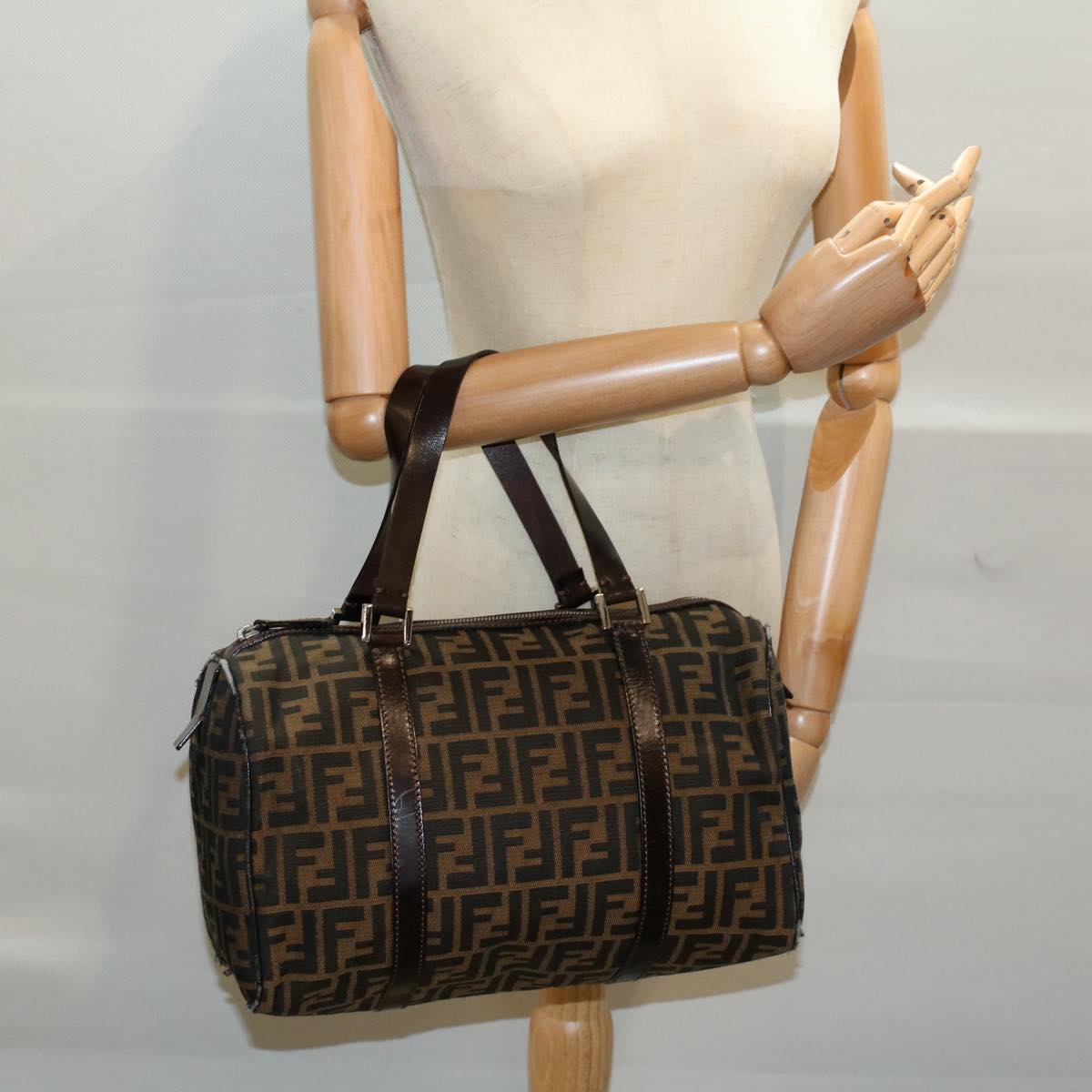 FENDI Zucca Canvas Boston Bag Leather Black Brown 2119 16327 089 yk9006