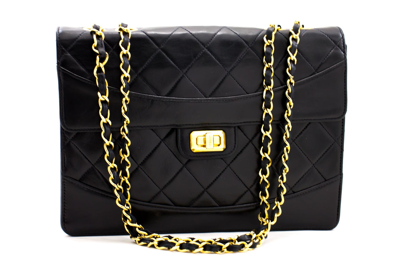 CHANEL Vintage Classic Chain Shoulder Bag Black Quilted Flap Lamb c20