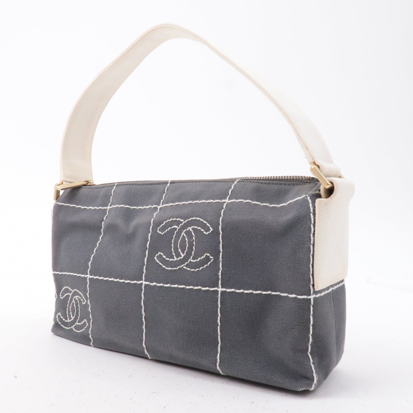 CHANEL Chocolate Bar Wild Stitch Canvas Hand Bag Gray