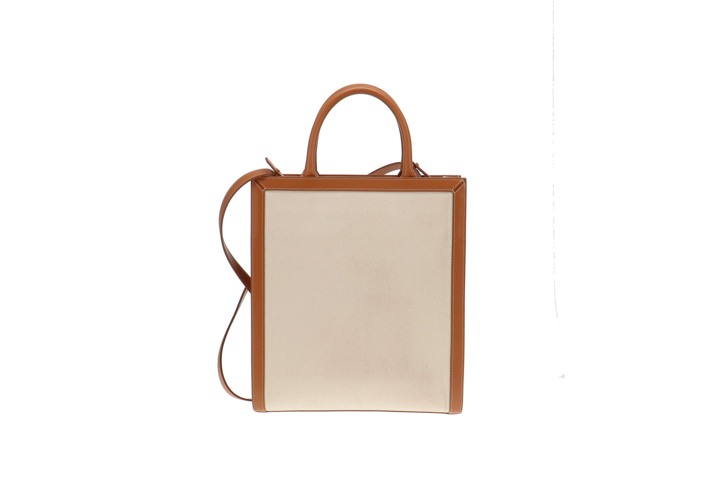 Celine Canvas and Tan Leather Vertical Cabas Tote With Strap