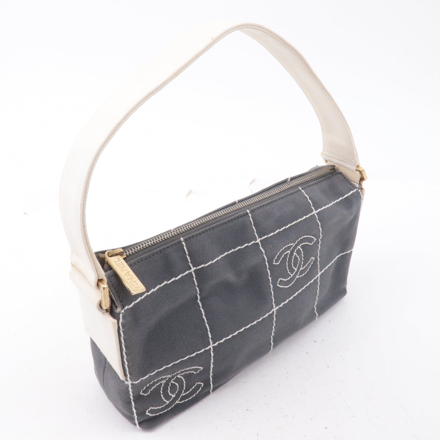 CHANEL Chocolate Bar Wild Stitch Canvas Hand Bag Gray