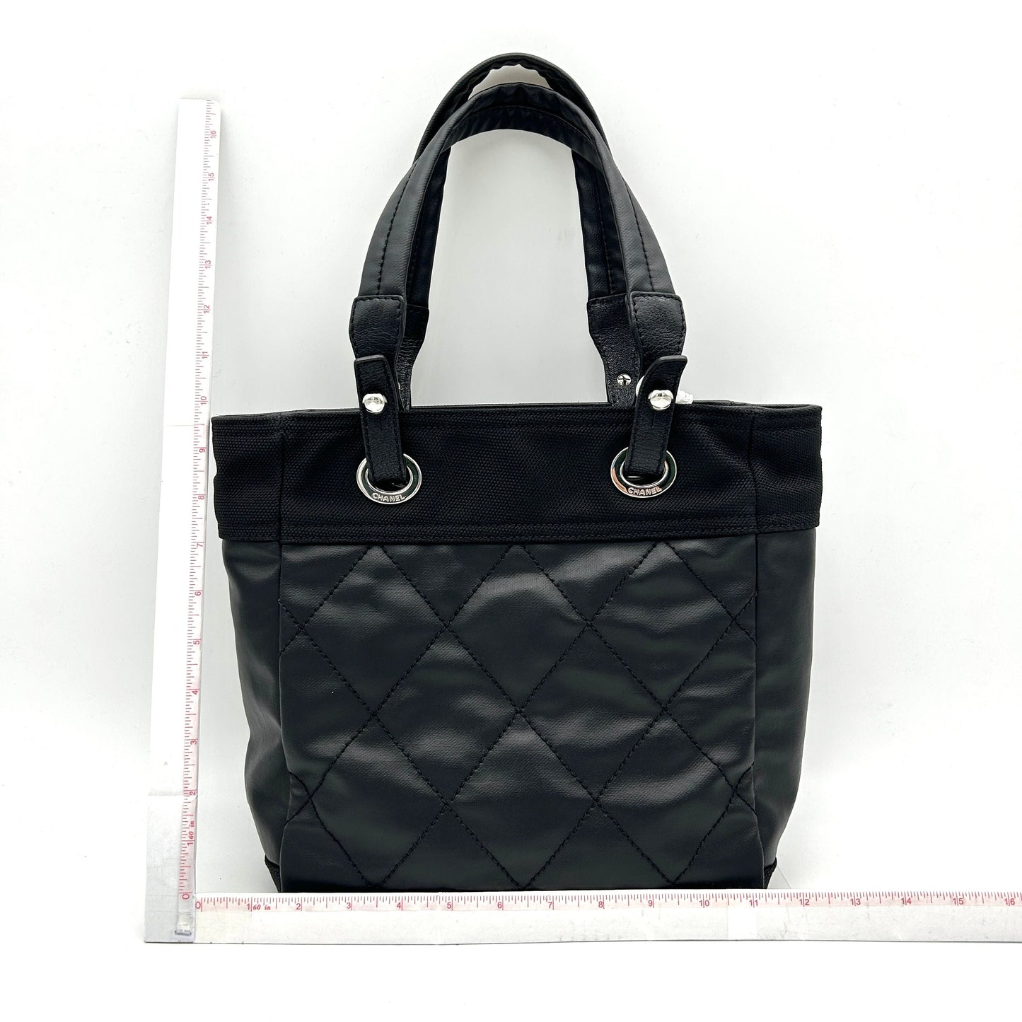 CHANEL Coated Canvas Leather Quilted Small Paris Biarritz Tote Black LA2976