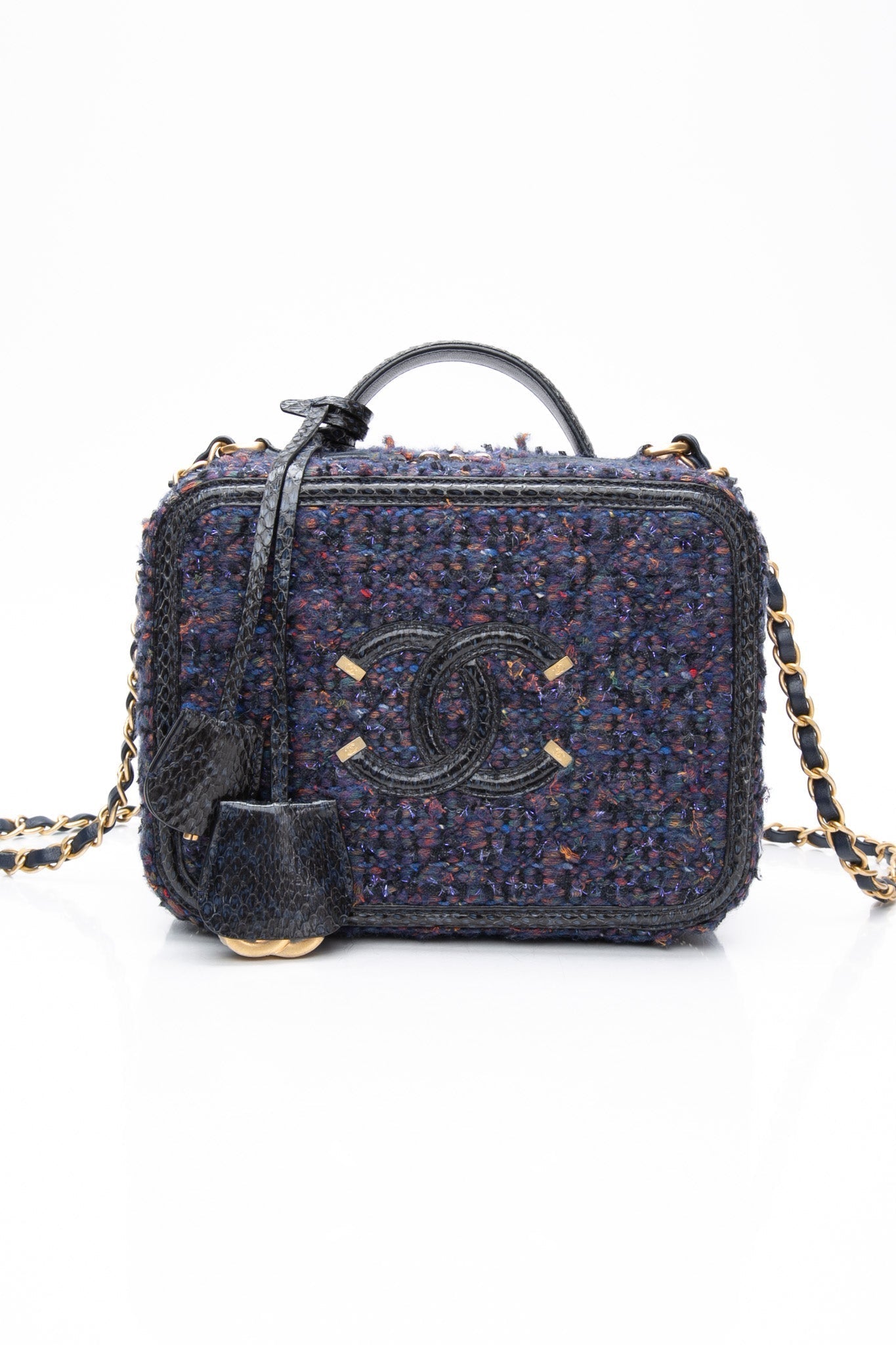 CHANEL Blue Tweed Quilted CC Filigree Python Medium