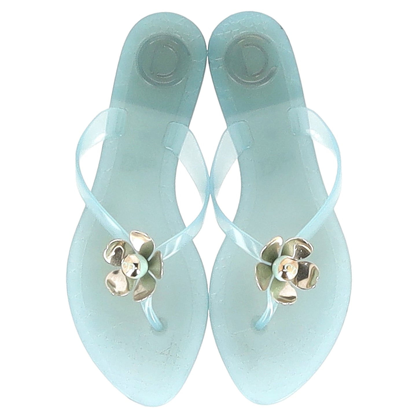 Dior Flower Detail Flip Flops in Light Blue Plastic