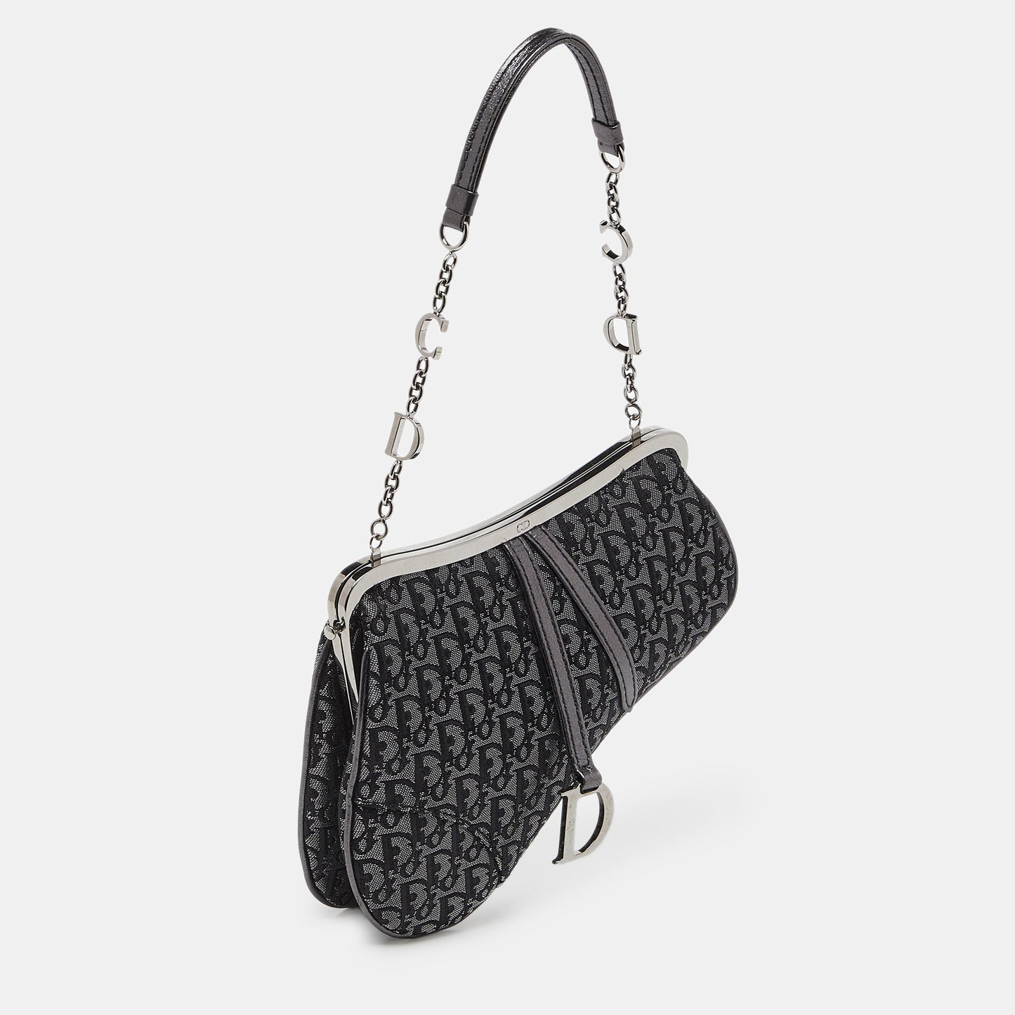 Dior /grey Lurex Fabric And Leather Vintage Saddle Frame Pochette