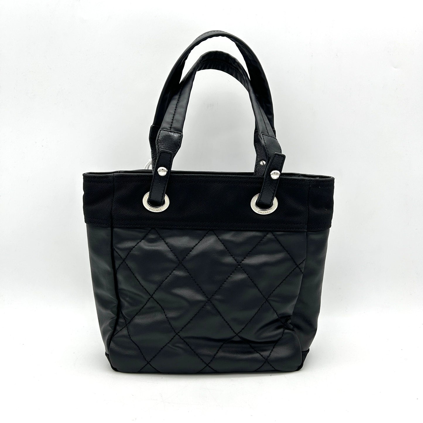 CHANEL Coated Canvas Leather Quilted Small Paris Biarritz Tote Black LA2976