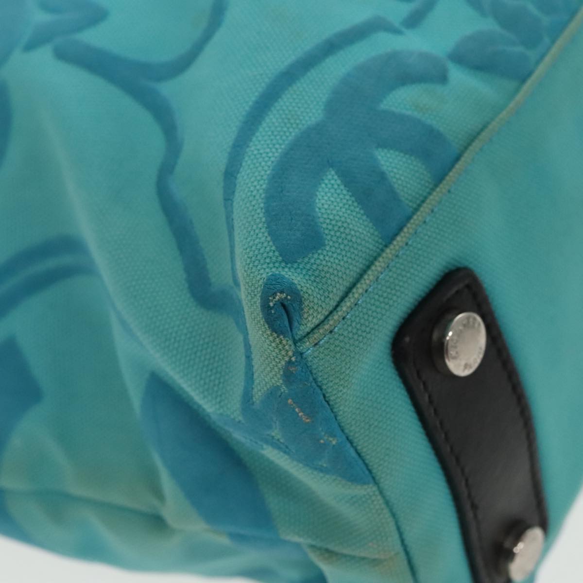 CHANEL Tote Bag Canvas Turquoise Blue CC 100096