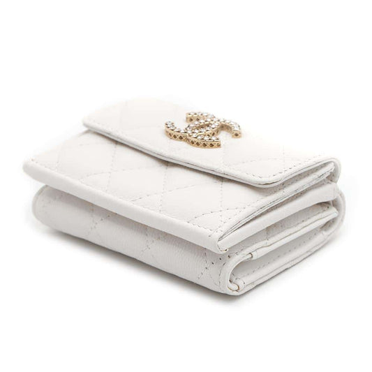 CHANEL Matelasse Classic Tri-Fold Compact Wallet WhiteAP3397 Caviar Leather