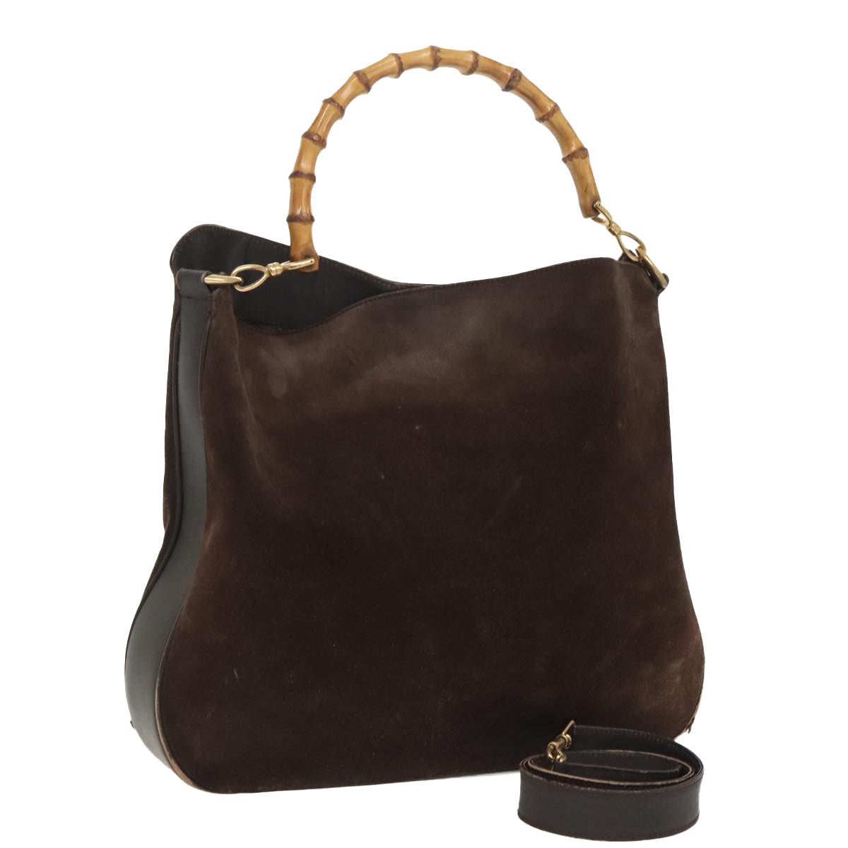 GUCCI Bamboo Shoulder Bag Suede Leather 2way Brown Gold 100190