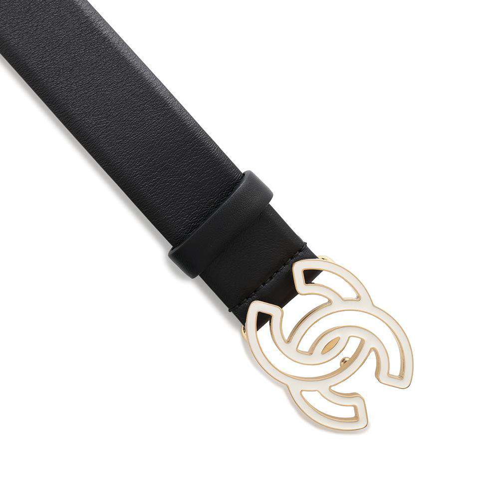 CHANEL CC Logo Belt Size 75 Black/White Leather