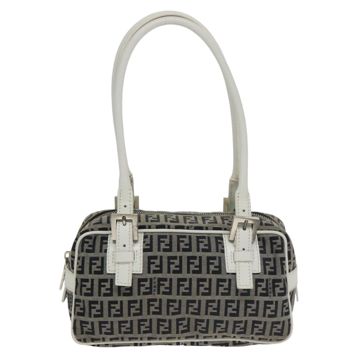 FENDI Zucchino Canvas Hand Bag Navy Silver 100682