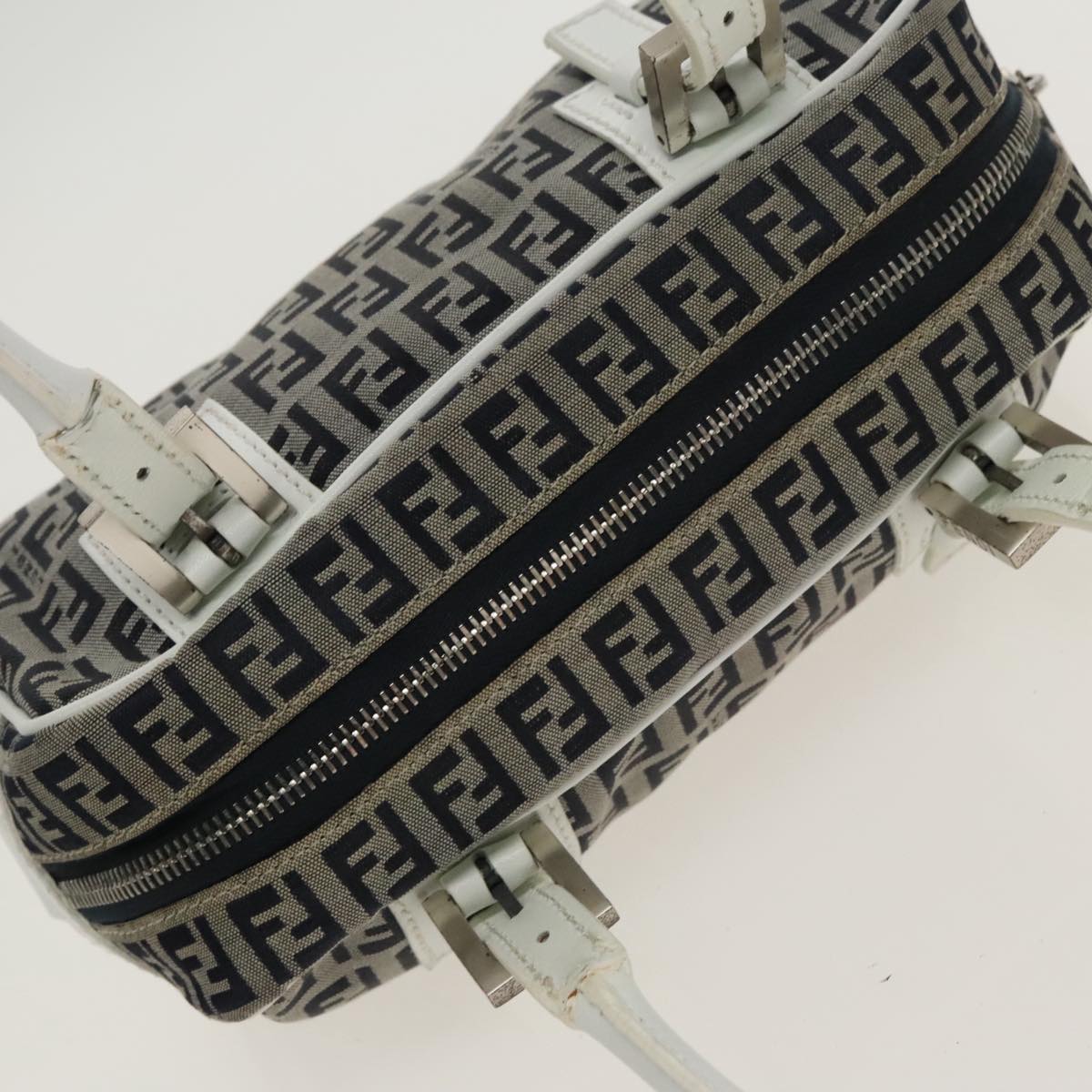 FENDI Zucchino Canvas Hand Bag Navy Silver 100682