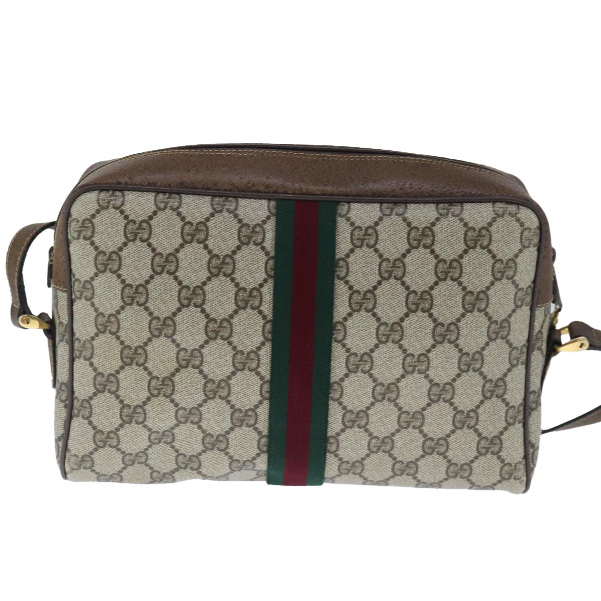 GUCCI GG Supreme Web Sherry Line Shoulder Bag PVC Leather Beige Gold 100688