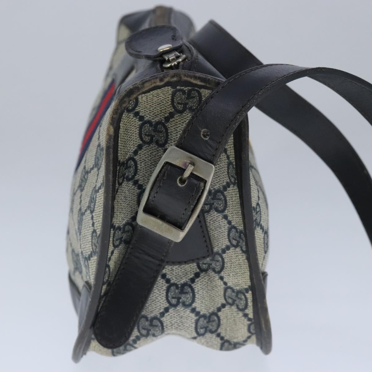 GUCCI GG Supreme Web Sherry Line Shoulder Bag PVC Leather Navy Gold 100690