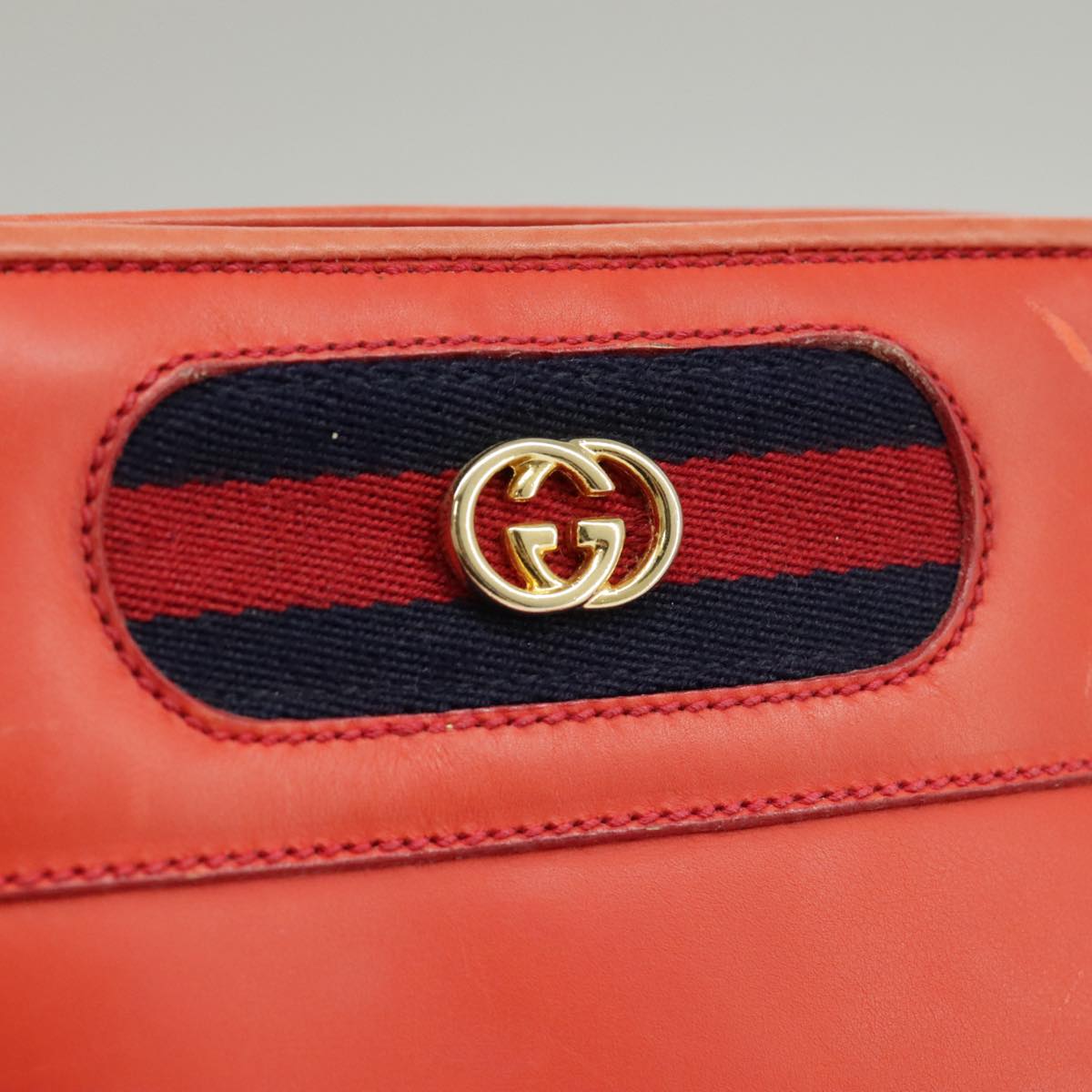 GUCCI Sherry Line Shoulder Bag Leather Orange Navy Red 100717