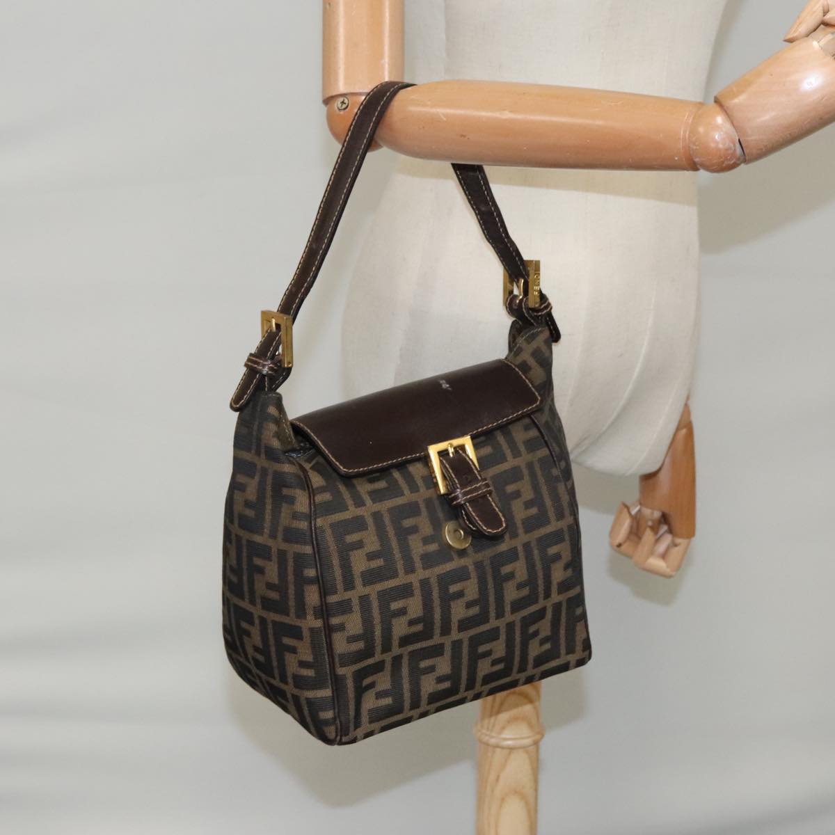 FENDI Zucca Canvas Hand Bag Brown Black gold 100727