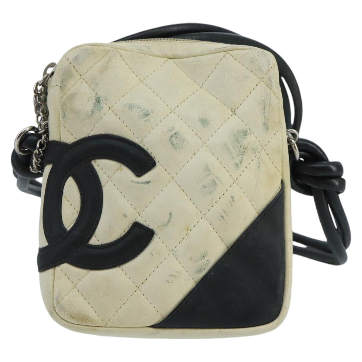 CHANEL Cambon Line Shoulder Bag Leather White Silver CC 100788