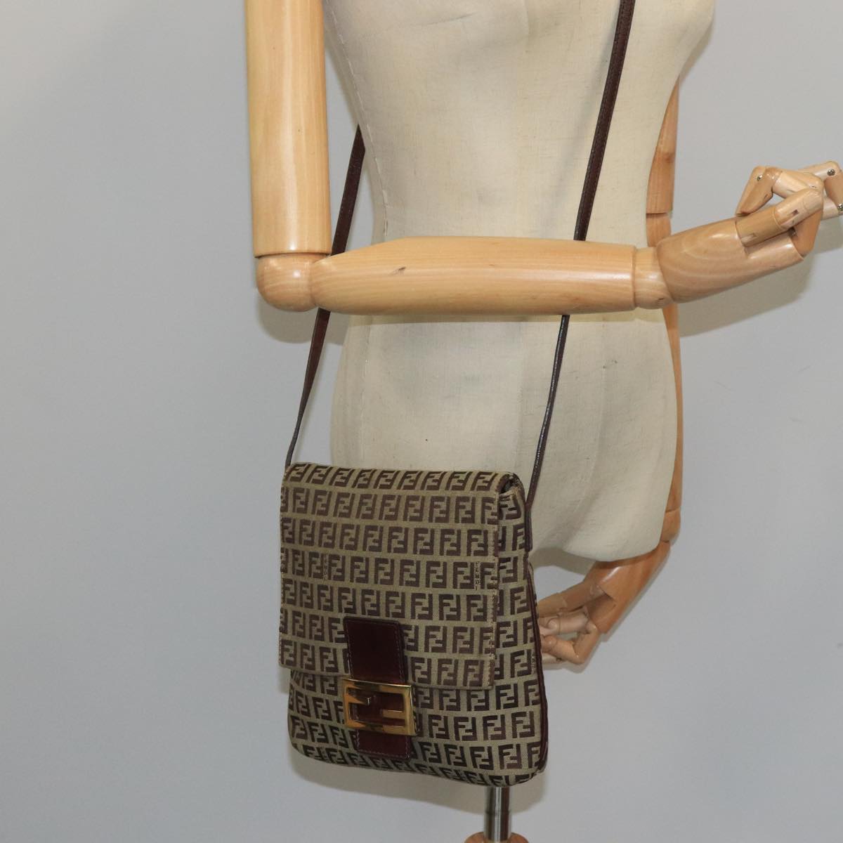 FENDI Zucchino Canvas Shoulder Bag Beige Gold 100792