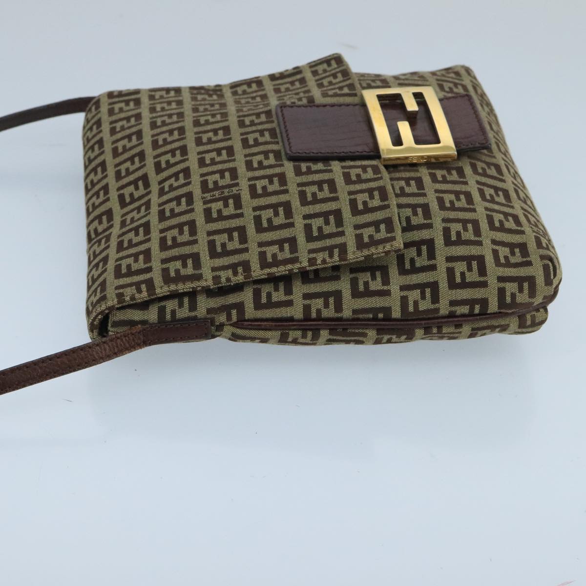 FENDI Zucchino Canvas Shoulder Bag Beige Gold 100792