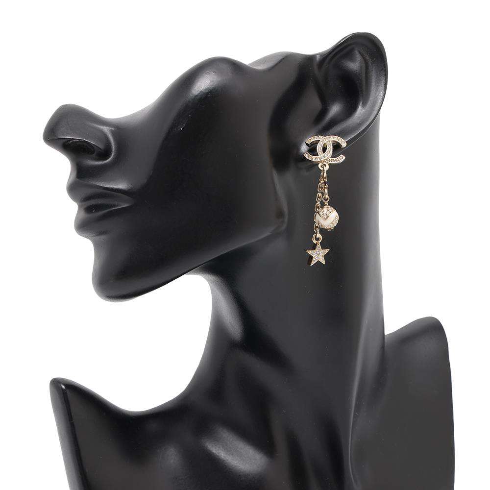 CHANEL CC Logo Star Motif Swing Earrings White Gold Plated Rhinestone