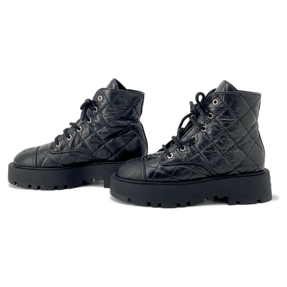 CHANEL Combat Boots Matelasse BlackG45833 Lambskin Size 38C