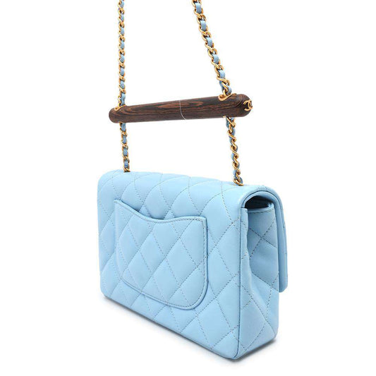 CHANEL MÃƒÆ’Ã‚Â©tiers d'Art Wood Handle ChainShoulder Bag Light BlueAS4151 Lambskin
