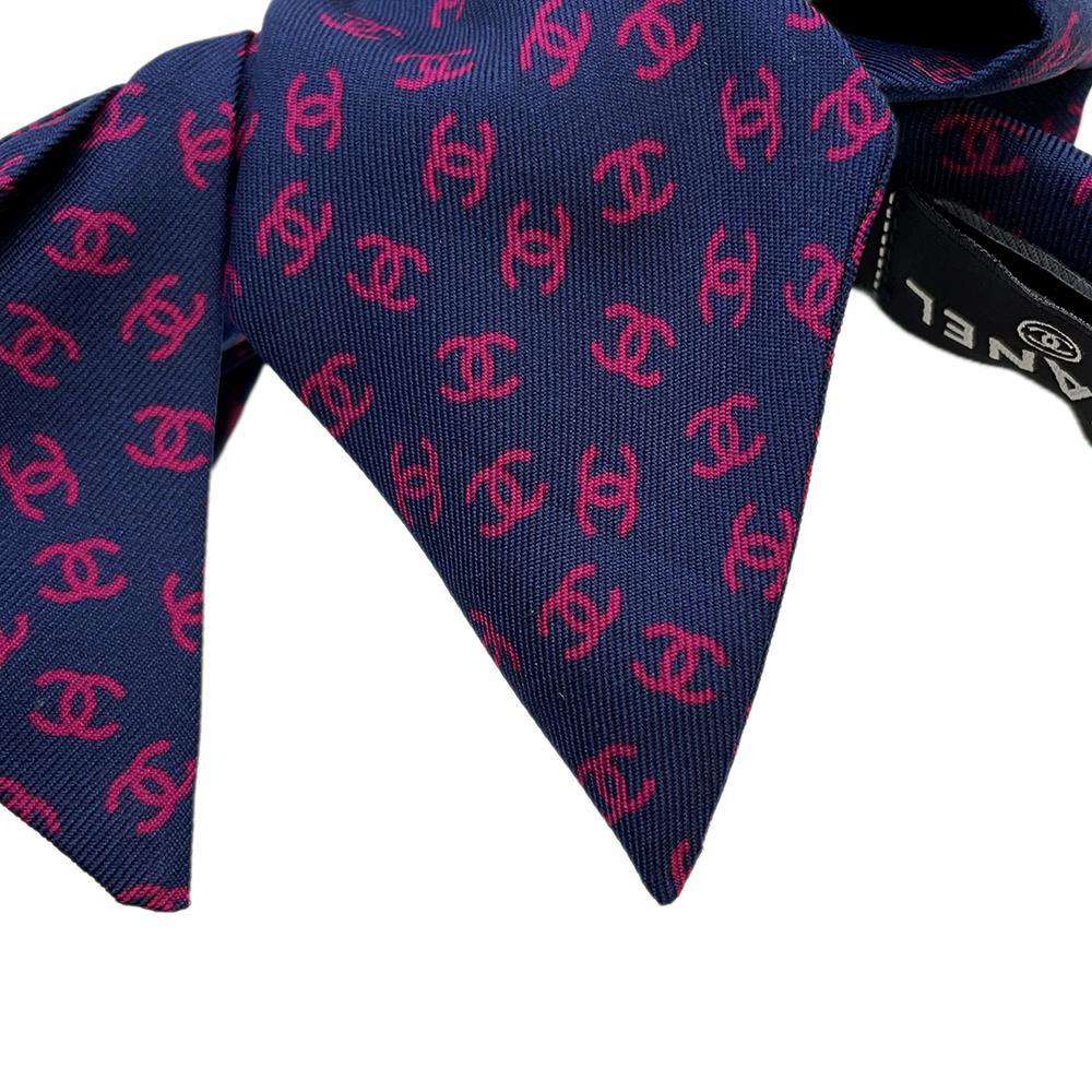 CHANEL CC Logo All-over Print Ribbon Headband Navy/Pink Silk100%