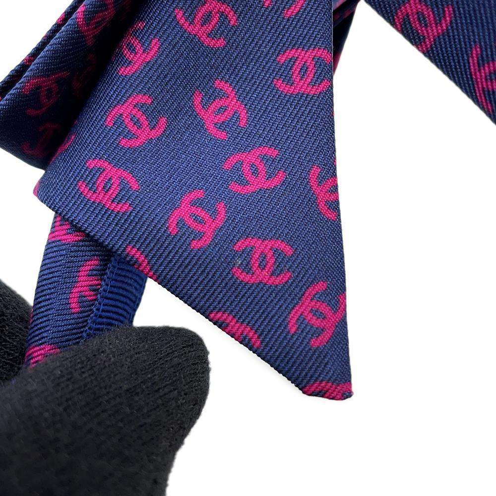 CHANEL CC Logo All-over Print Ribbon Headband Navy/Pink Silk100%