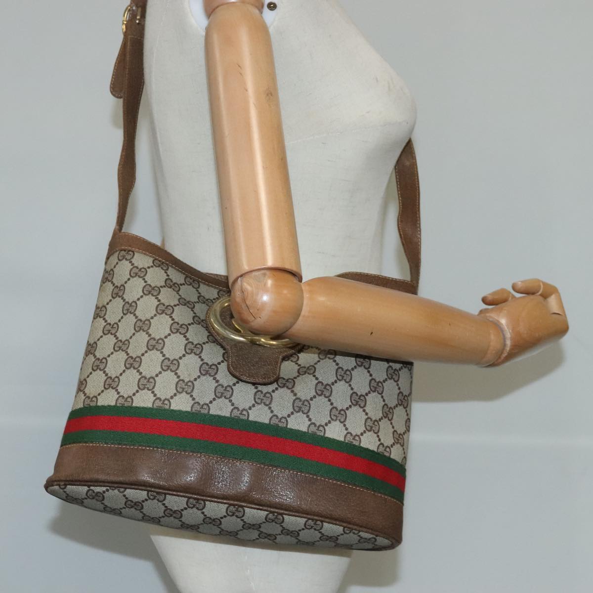 GUCCI GG Supreme Web Sherry Line Shoulder Bag PVC Beige Red Green 101272