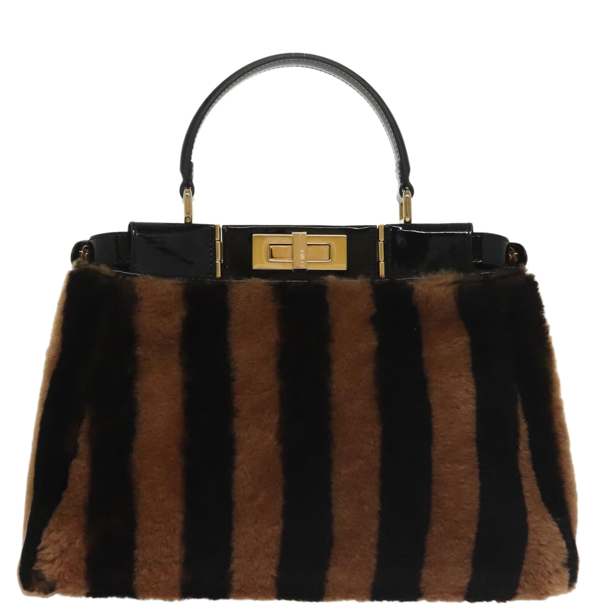 FENDI Pecan Peek A Boo Regular Hand Bag Mouton 2way Black Brown 101314S