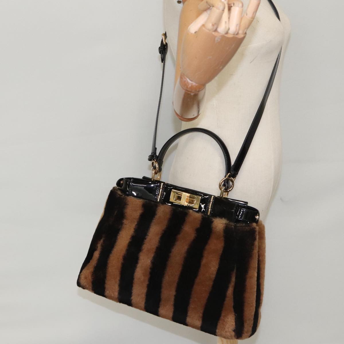 FENDI Pecan Peek A Boo Regular Hand Bag Mouton 2way Black Brown 101314S