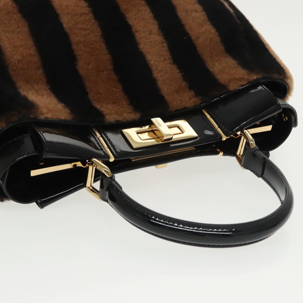 FENDI Pecan Peek A Boo Regular Hand Bag Mouton 2way Black Brown 101314S