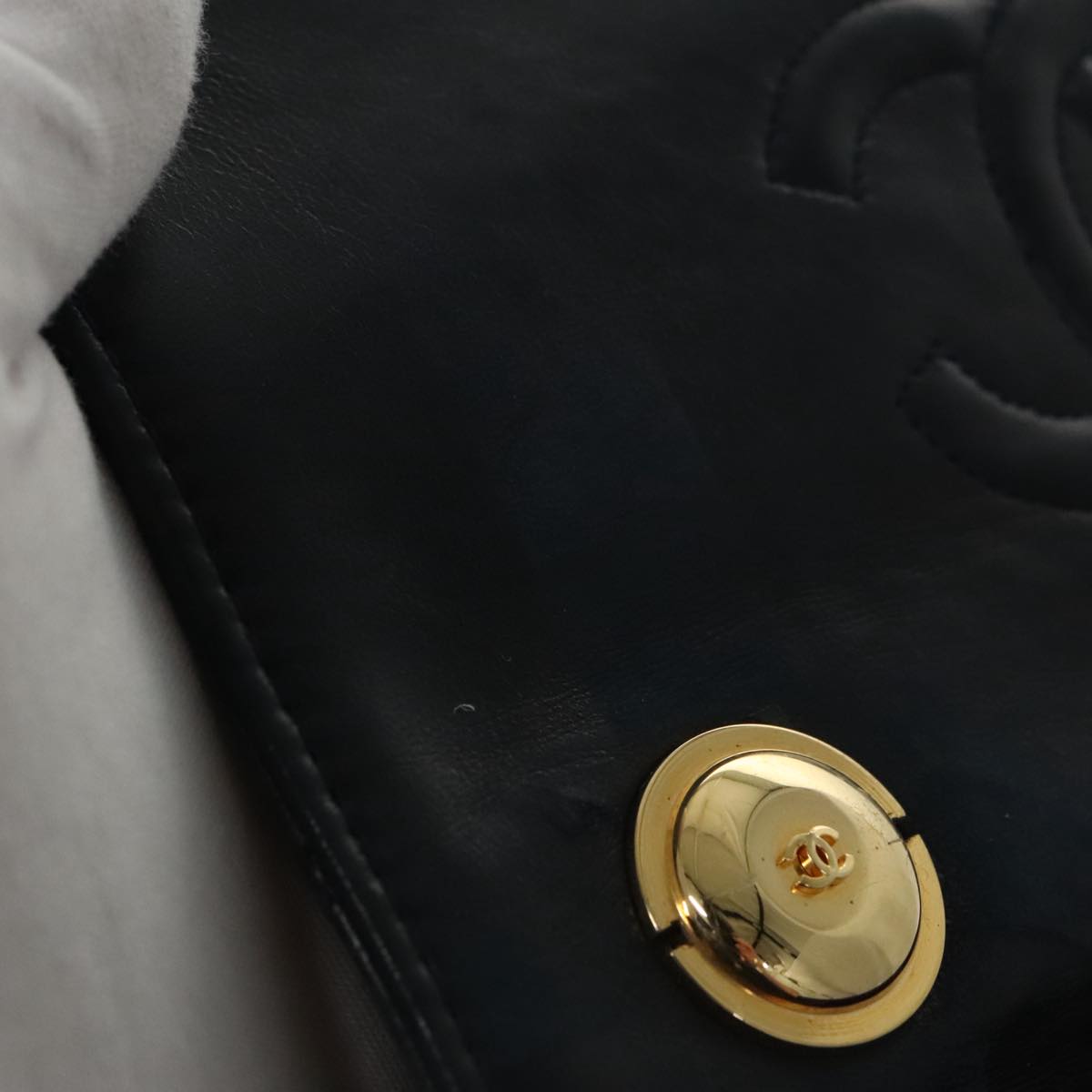 CHANEL Hand Bag Lamb Skin Navy Gold CC 101325A