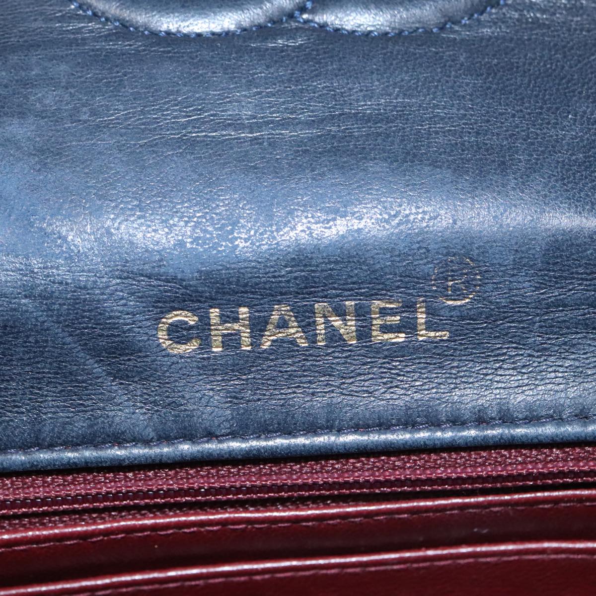 CHANEL Hand Bag Lamb Skin Navy Gold CC 101325A