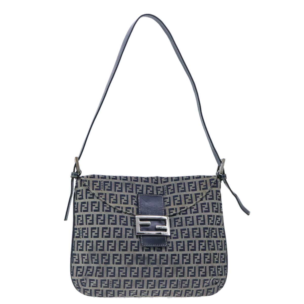 FENDI Zucchino Canvas Mamma Baguette Shoulder Bag Navy Silver 101401