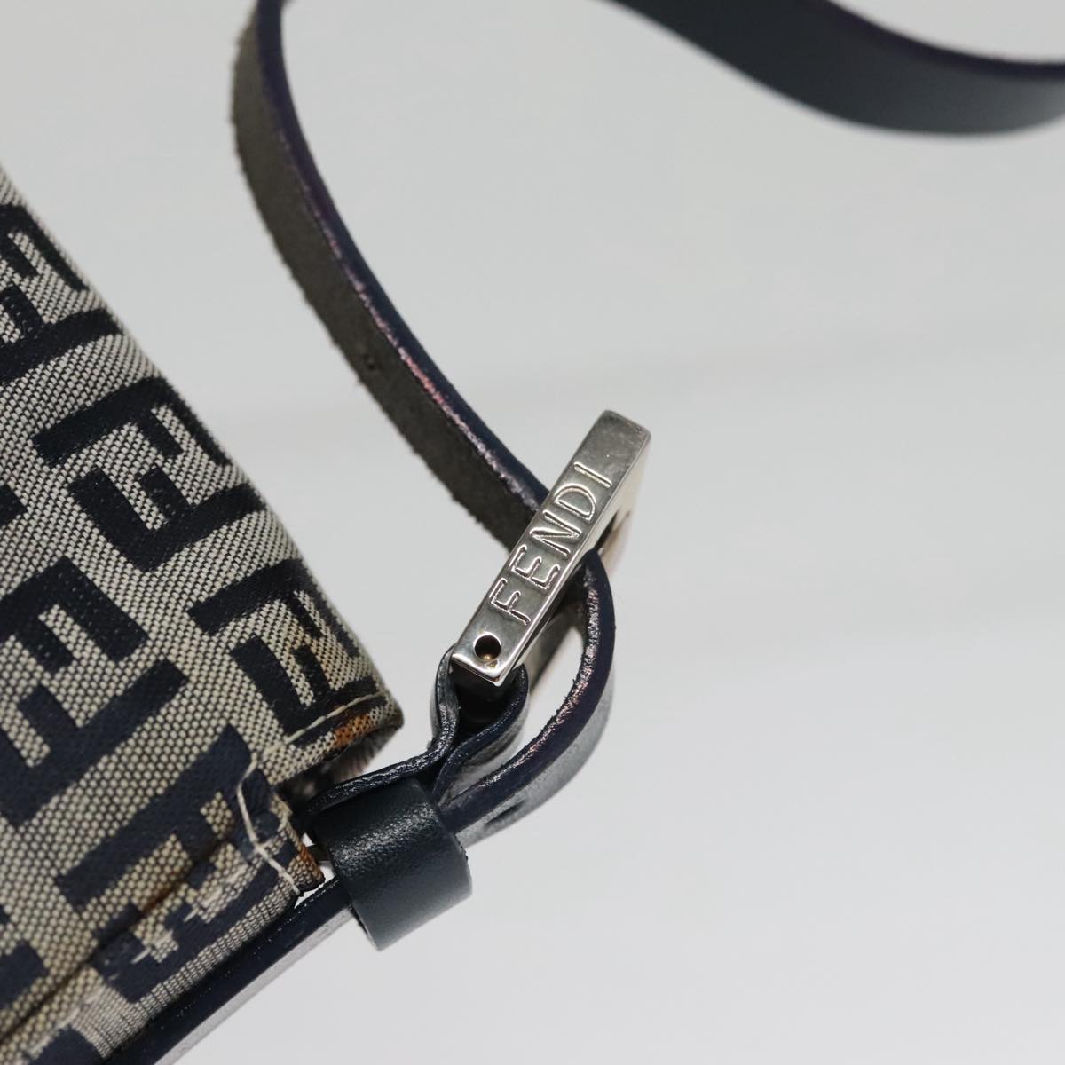 FENDI Zucchino Canvas Mamma Baguette Shoulder Bag Navy Silver 102011