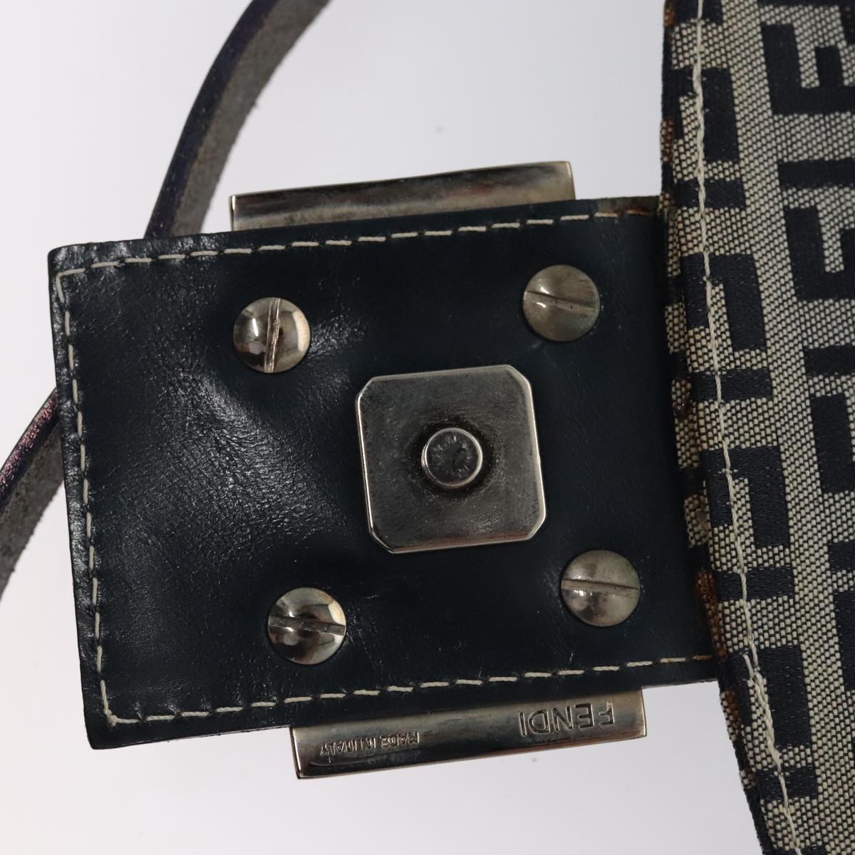 FENDI Zucchino Canvas Mamma Baguette Shoulder Bag Navy Silver 102011