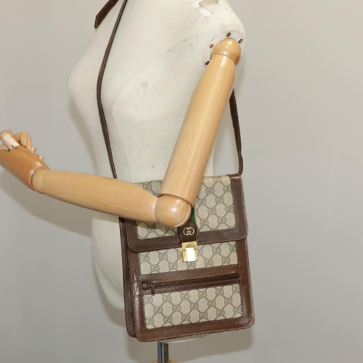 GUCCI GG Supreme Web Sherry Line Shoulder Bag PVC Beige Red Green 102274