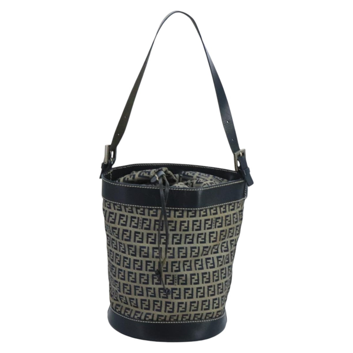 FENDI Zucchino Canvas Shoulder Bag Navy Silver 102520