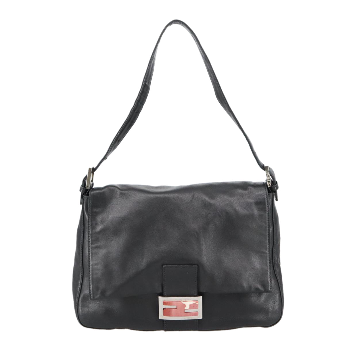FENDI Mamma Baguette Shoulder Bag Leather Black Silver 102636