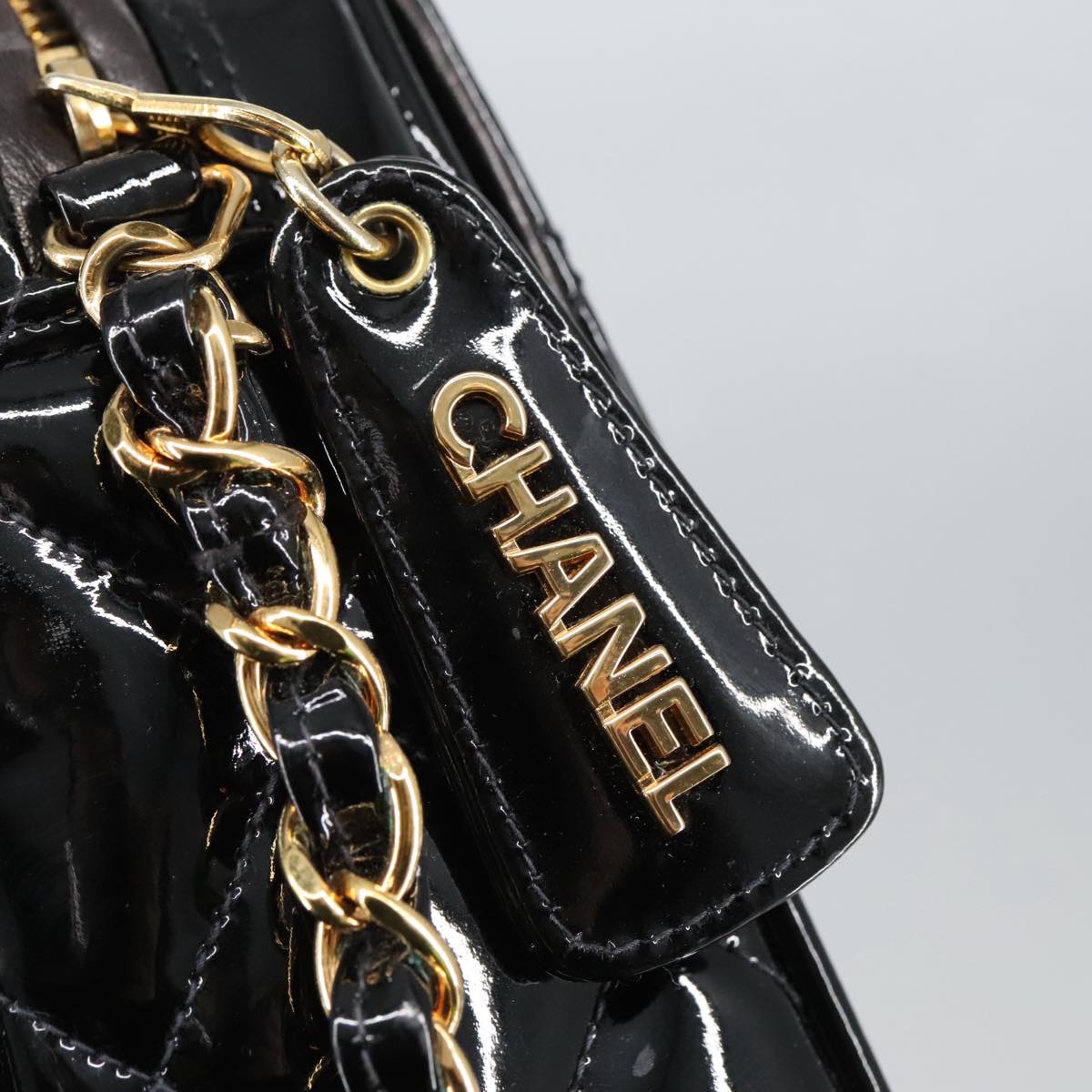 CHANEL Matelasse Chain Shoulder Bag Patent leather Black Gold CC 103451A